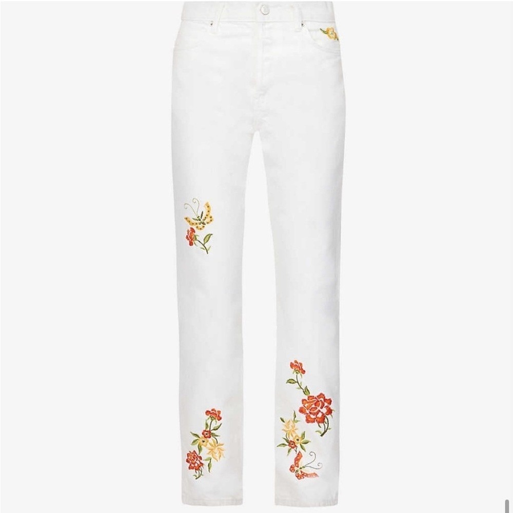 Reformation White Cynthia Straight Leg Mid Rise Denim Jeans size 27 embroidered - Picture 3 of 12
